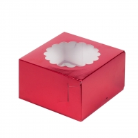 Коробка на 4 капкейка с окошком красная
