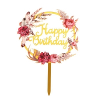 Топпер акриловый "Happy Birthday" Цветы