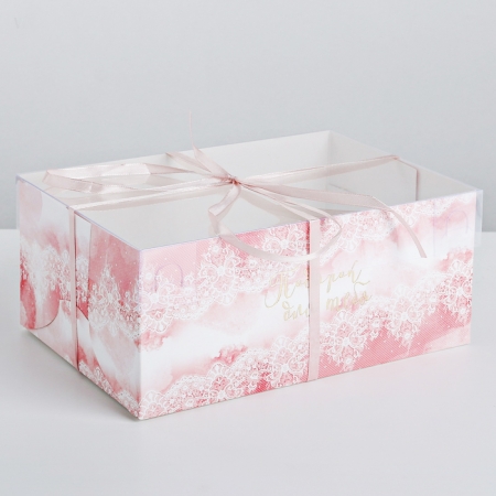 Коробка на 6 капкейков с прозрачной крышкой "Розовое кружево"