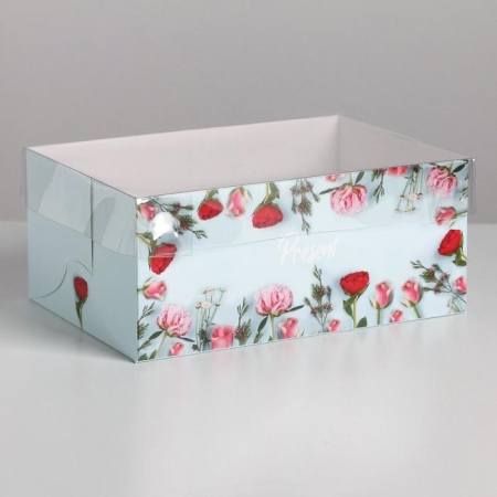Коробка на 6 капкейков с прозрачной крышкой "Цветы"