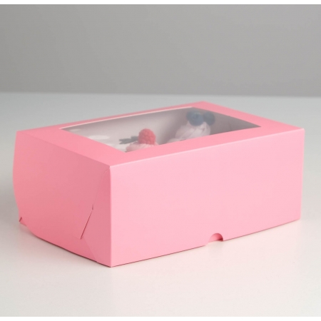 Коробка на 6 капкейков с окном Розовая