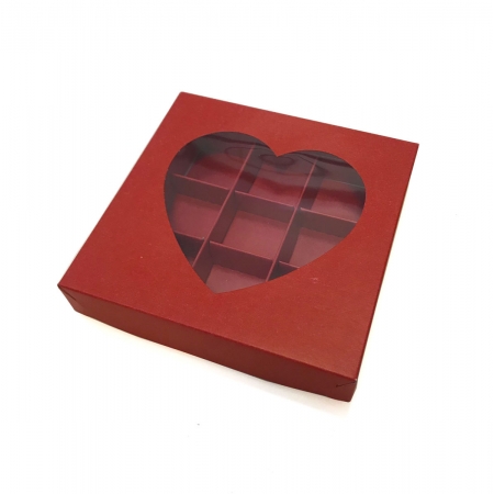 Коробка на 9 конфет с окошком (сердце) красная
