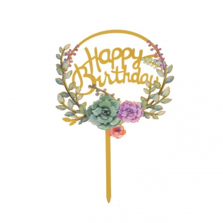 Топпер акриловый "Happy Birthday" Цветы